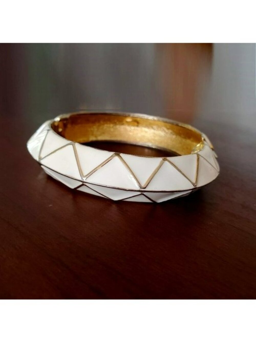 Vintage Kenneth Jay Lane Hinged Bangle Bracelet, White & Gold Geometric Enamel